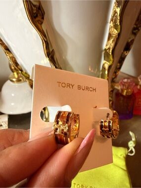 Tory Burch Gold Hoop Stud Earrings Amber and Brown